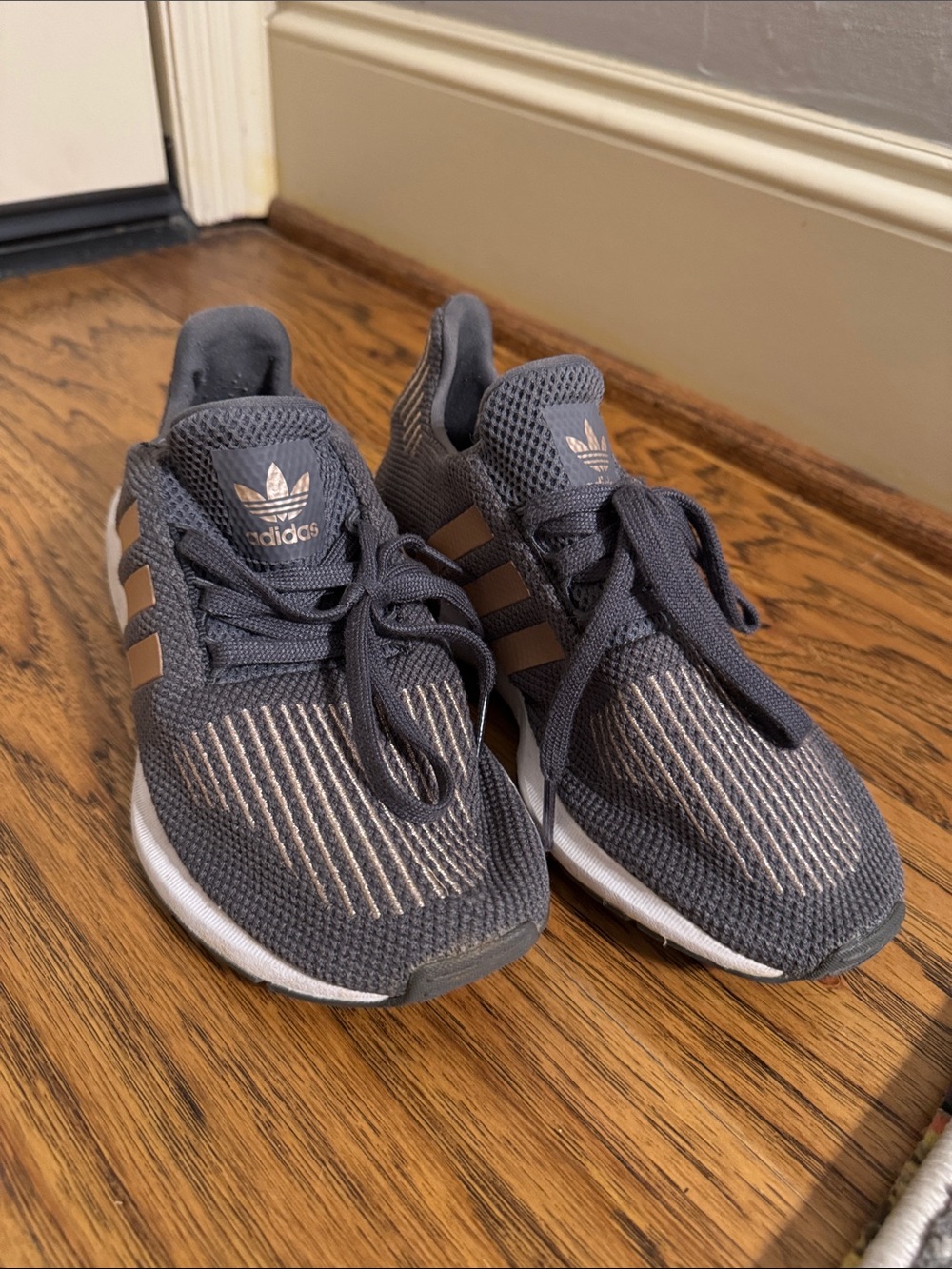 adidas Dark Gray Knit Sneakers with Rose Gold Stripes